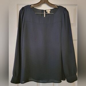 J CREW Blouse Navy Blue Flowwy Chiffon Collarless Shirt Top LS Size S Whimsygoth